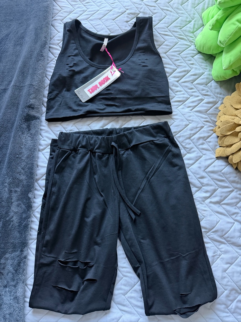 TRUE ROCK Black Distressed crop Tank Top with matching lounge pants
